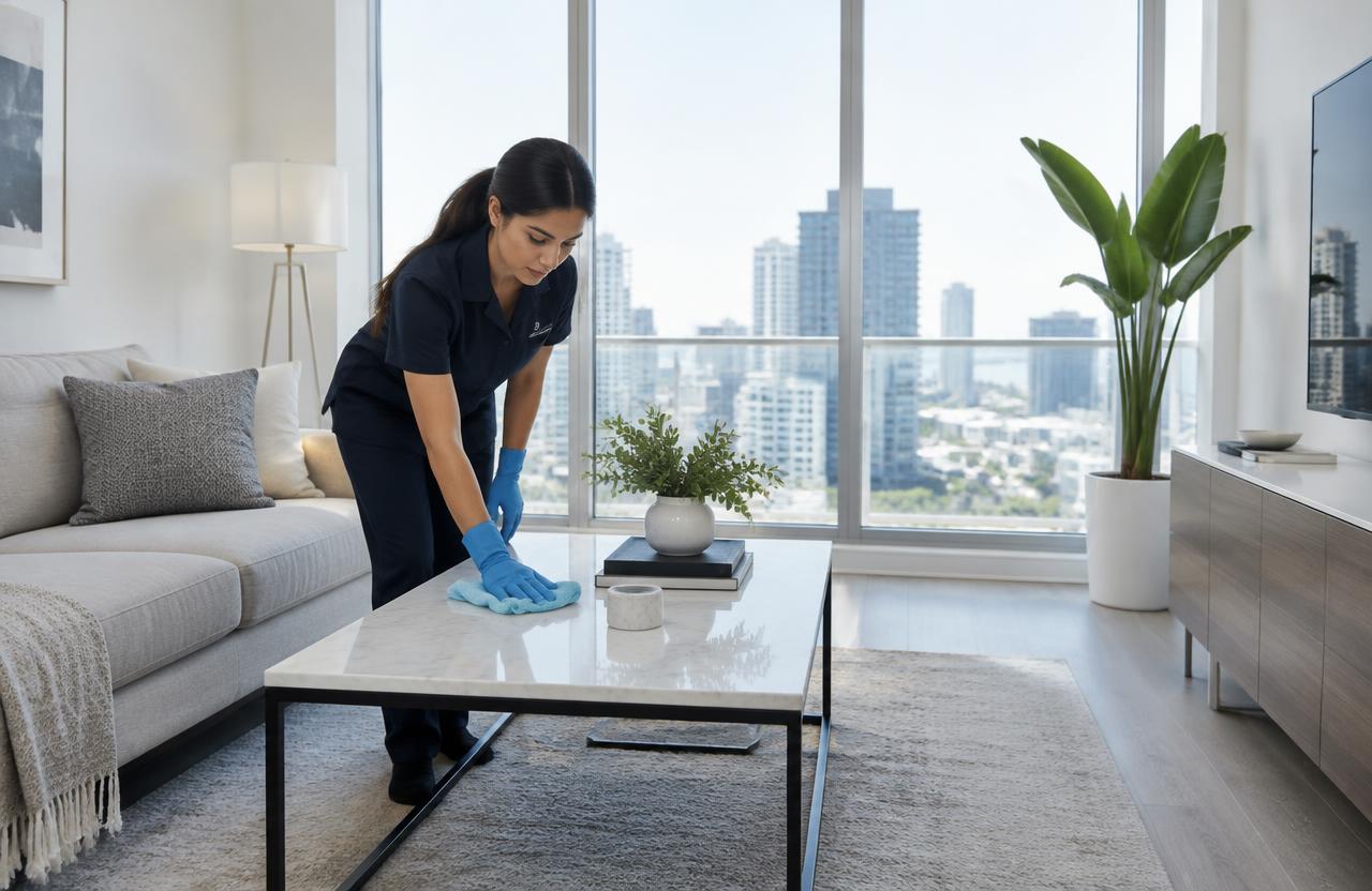 Cleaner dusting a condo coffee table