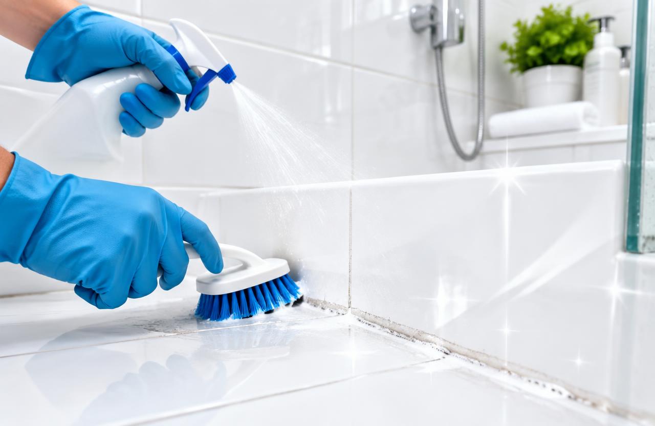 Scrubbing bathroom tile grout during a deep clean