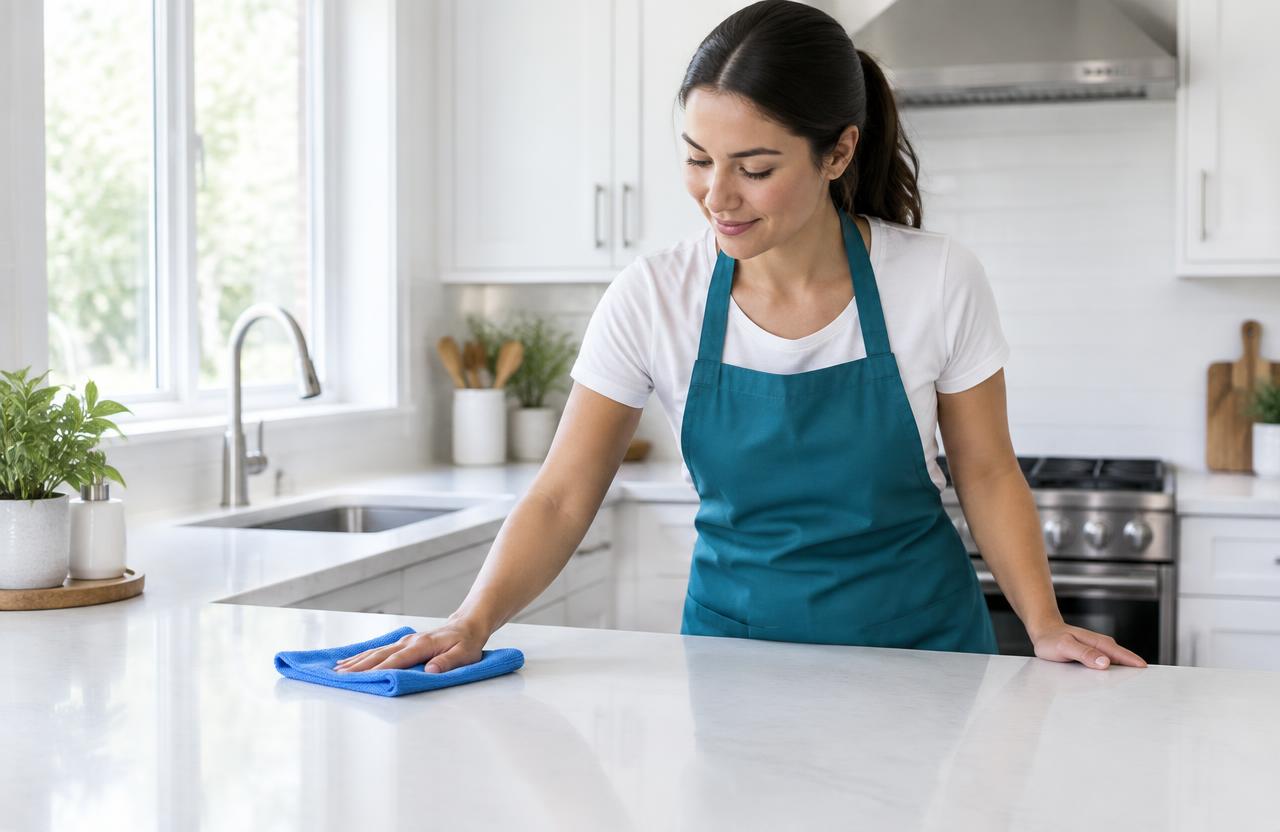 Cleaner wiping a kitchen counter