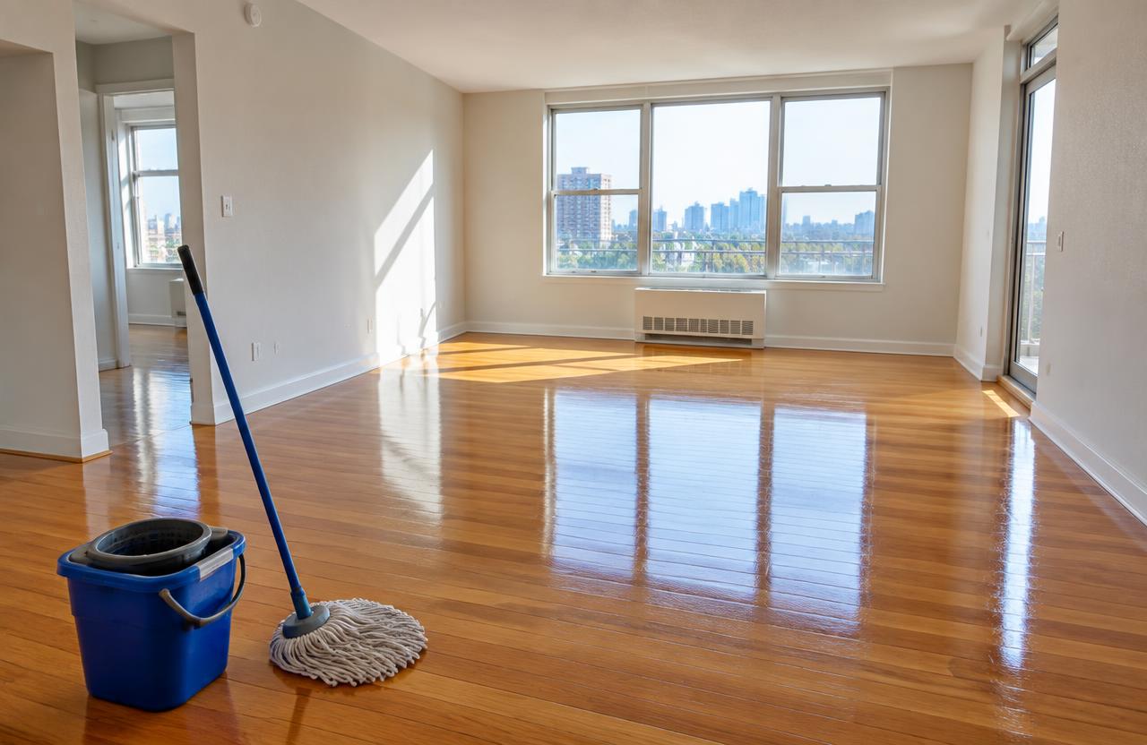 Empty apartment with freshly mopped hardwood floors
