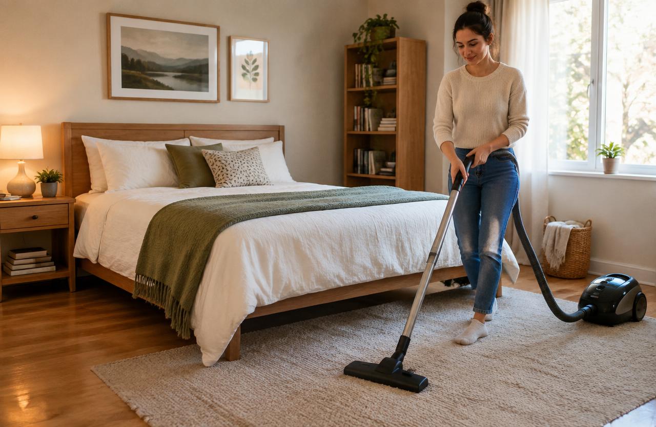 Vacuuming a tidy bedroom rug